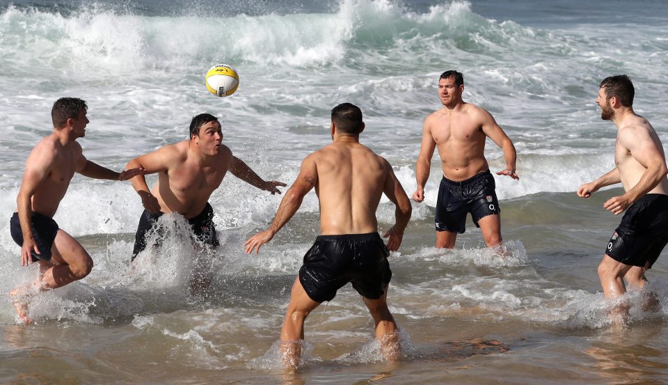 Jamie George heads the ball during the England recovery sessionat Coogee Beach