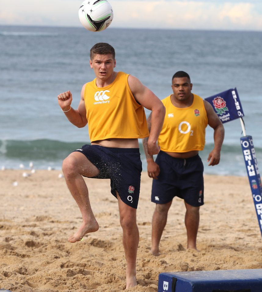 Owen Farrell, the England standoff, heads the ball during the England recovery session held