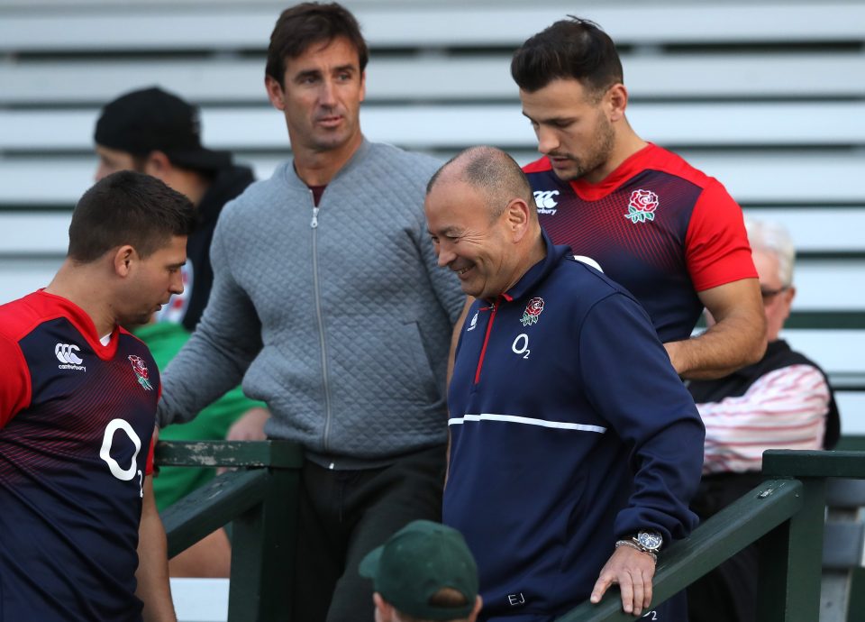 Andrew Johns, (C) the former rugby league international talks to Ben Youngs, Eddie Jones and Danny Care