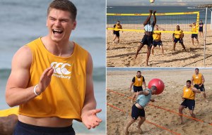 Rugby League ace Andrew Johns helps England stars Owen Farrell and George Ford as heroes enjoy game of volleyball