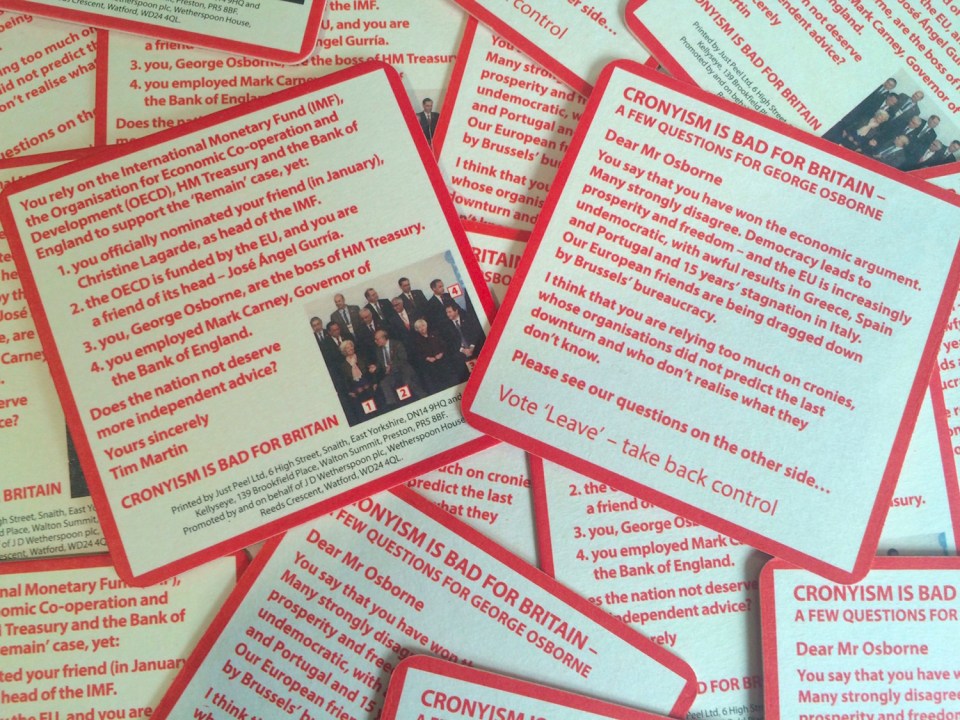 Brexit beer mat JD Wetherspoon