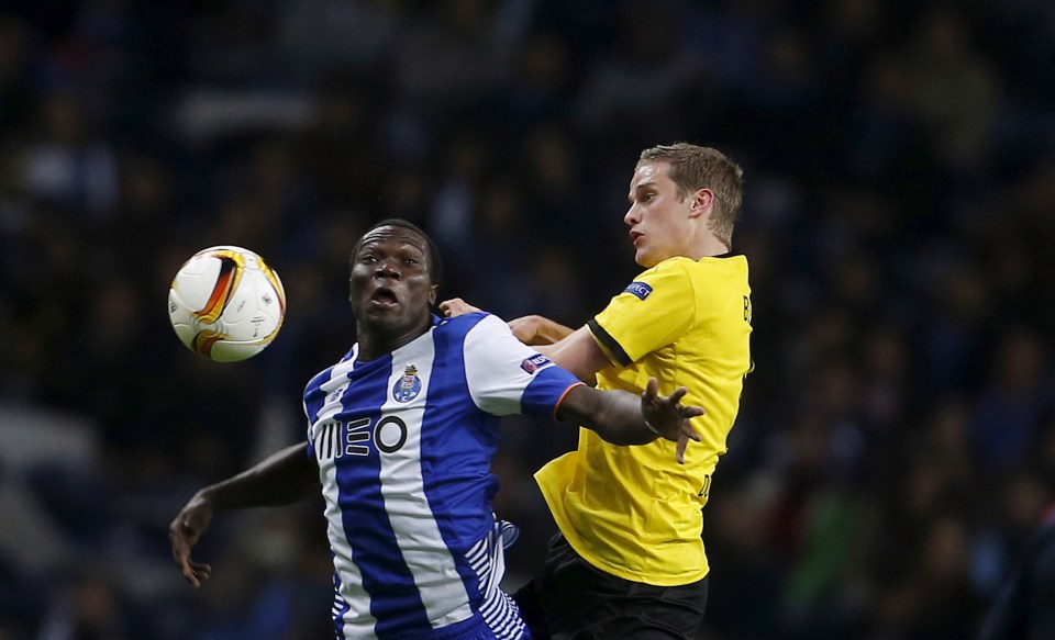 Porto's Vincent Aboubakar in action against Borussia Dortmund's Sven Bender in the Europa League