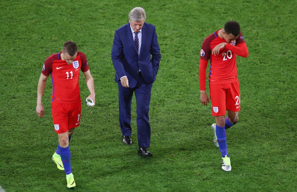 amie Vardy, manager Roy Hodgson and Dele Alli of England show their frustration *