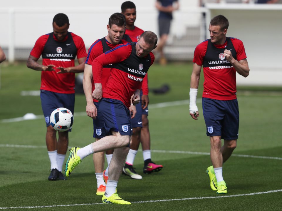 Jamie Vardy, right, during England training today in Chantilly
