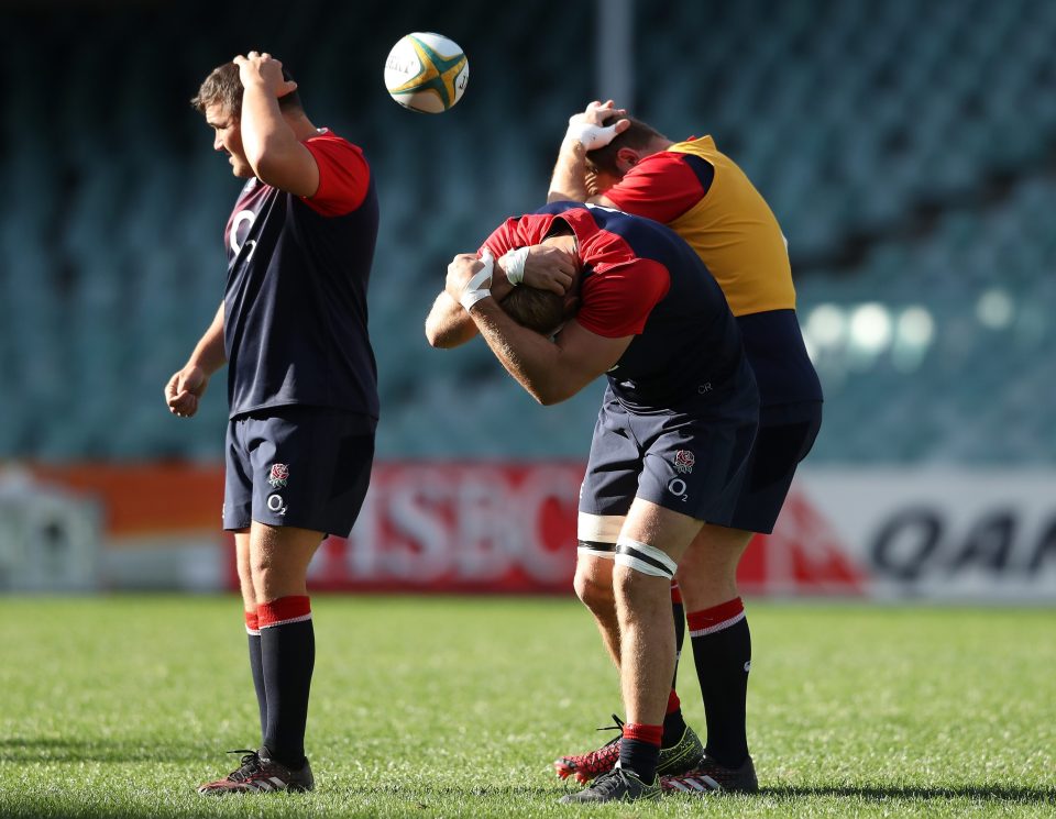 Jamie George, Chris Robshaw and Matt Mullan in training
