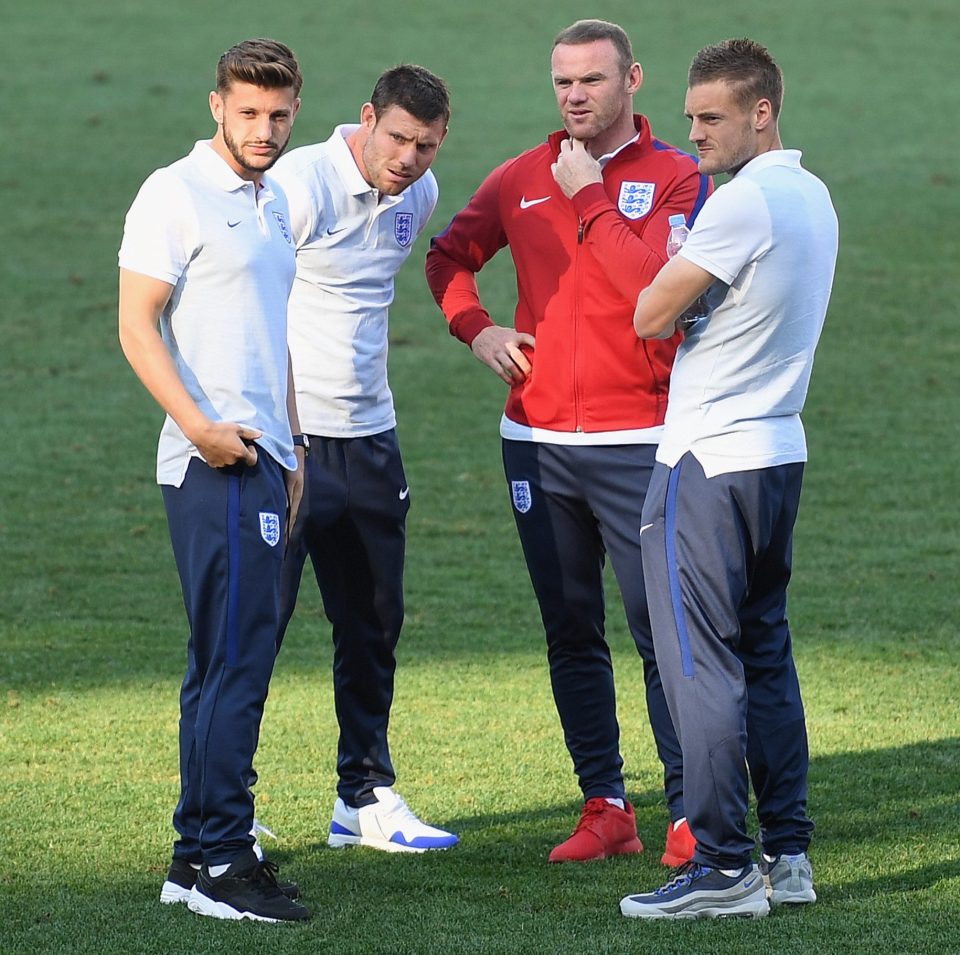 Adam Lallana, James Milner, Wayne Rooney and Jamie Vardy look on as the England team inspect the pitch at the Allianz Riviera Stadium