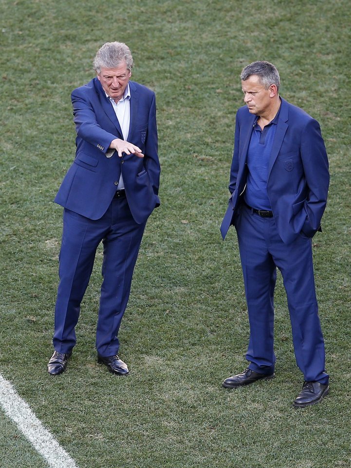 Roy Hodgson with FA CEO Martin Glenn during the walk around the Stade de Nice 