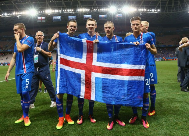 Iceland players celebrate after a historic comeback victory over England