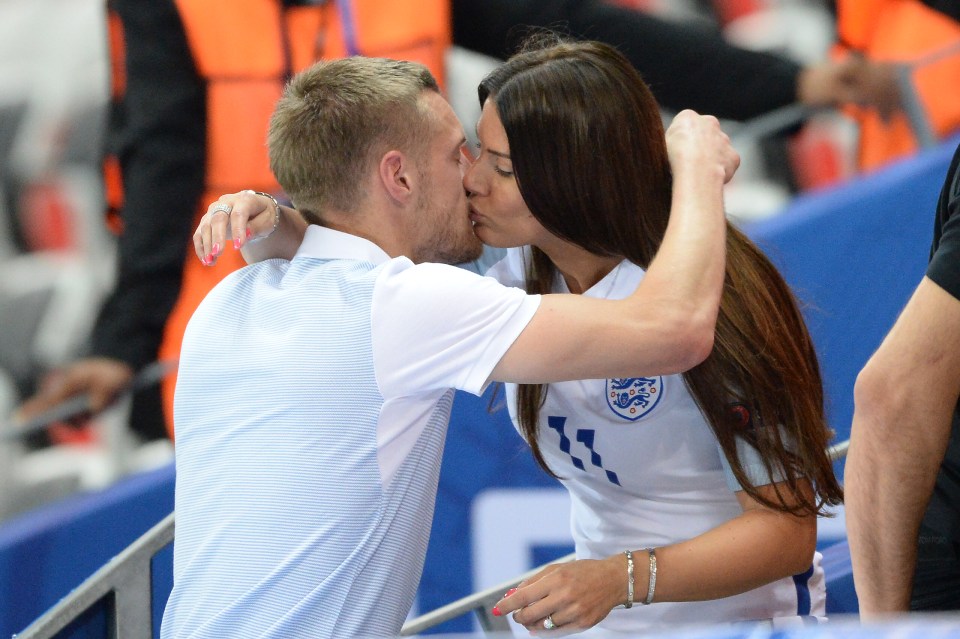 Jamie Vardy plants a kiss on wife Rebekah after defeat against Iceland