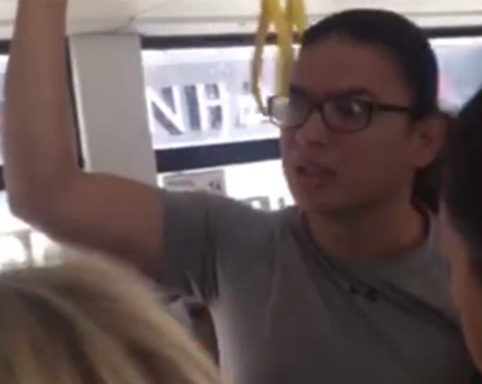 The man defends himself against the torrent of abuse, telling his tormentors they are "ignorant and intelligent". The trio are eventually forced off the carriage by outraged commuters