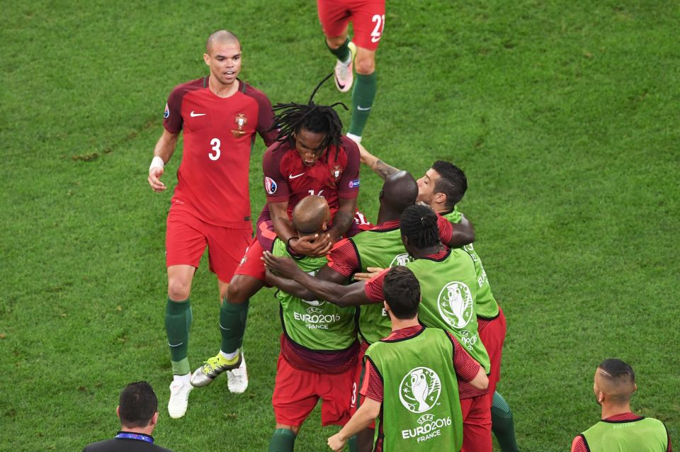 Renato Sanches started his first game of the tournament and celebrated with the subs 