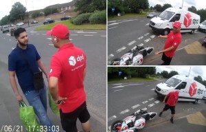 Moment DPD delivery driver knocks down biker, threatens witness then flees without leaving his details