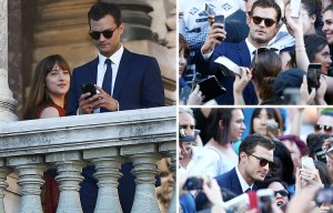 Dakota Johnson gazes lovingly at Fifty Shades co-star Jamie Dornan after being mobbed by fans