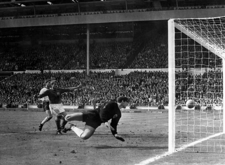 3-2...Geoff Hurst scores England's controversial third goal