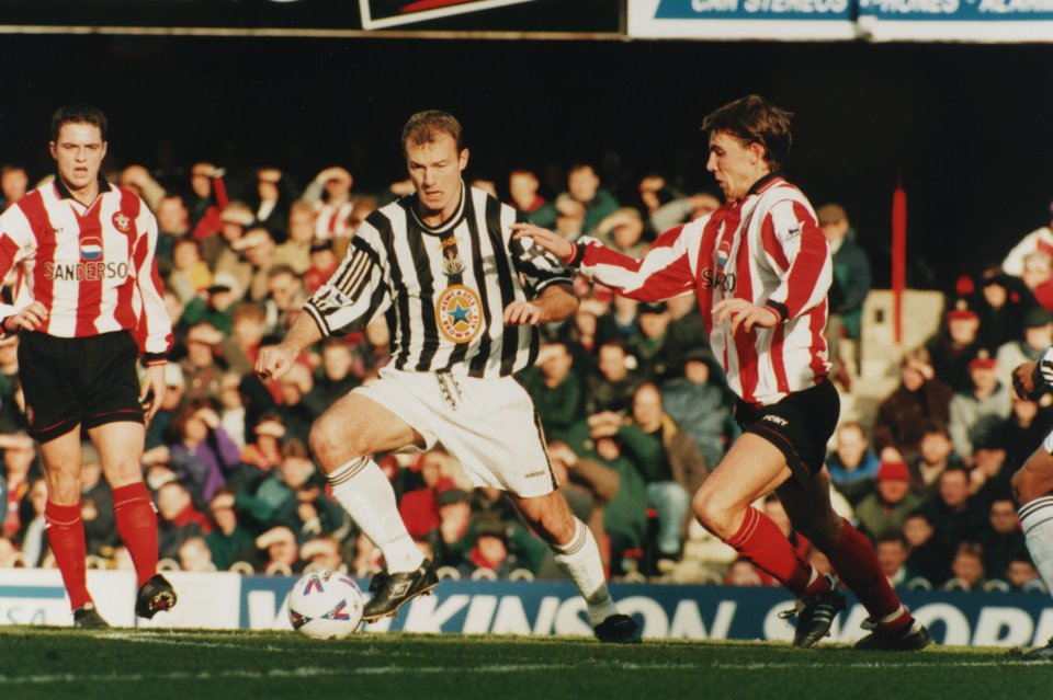 Southampton v Newcastle. Newcastle captain and striker Alan Shearer tussles for the ball with Southampton's Lundekuam. Date: 20.02.1999