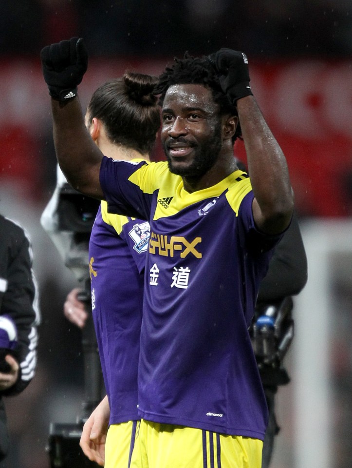 Swansea City's Wilfried Bony celebrates his side's victory after the final whistle. Soccer - FA Cup - Third Round - Manchester United v Swansea City - Old Trafford