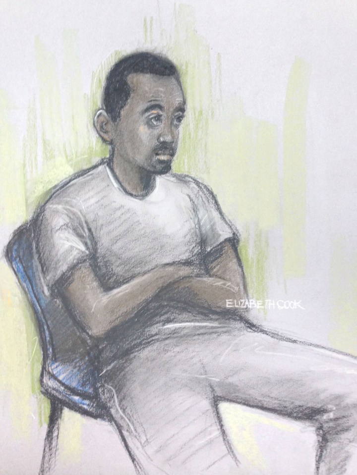 Court artist sketch by Elizabeth Cook of Muhaydin Mire appearing at Westminster Magistrates' Court, London charged with the attempted murder of 56-year-old Lyle Zimmerman