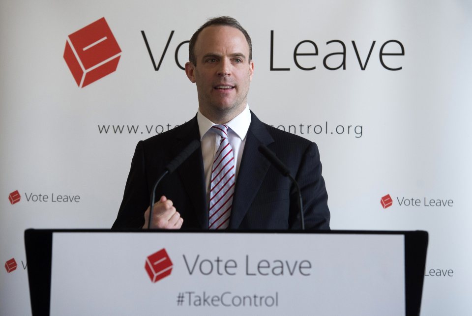 Conservative MP and Justice Minister Dominic Raab addresses a Vote Leave event