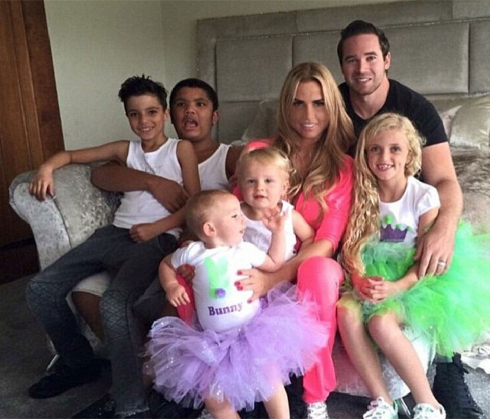 Katie and Kieran with their children Jett and Bunny, Junior and Princess - her kids with Peter - and Harvey