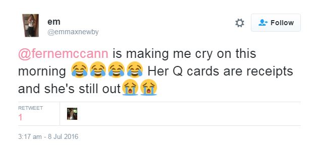 Twitter was loving the fact Ferne was using receipts as cue cards 