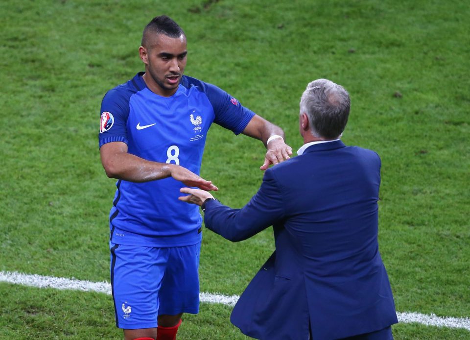 Payet is thanked by France boss Didier Deschamps during their ill-fated Euro 2016 final against Portugal 