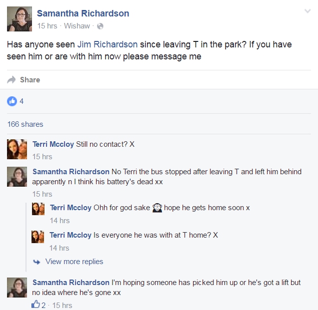 The wife of Jim Richardson issued a desperate plea for anyone who had seen her husband to contact her