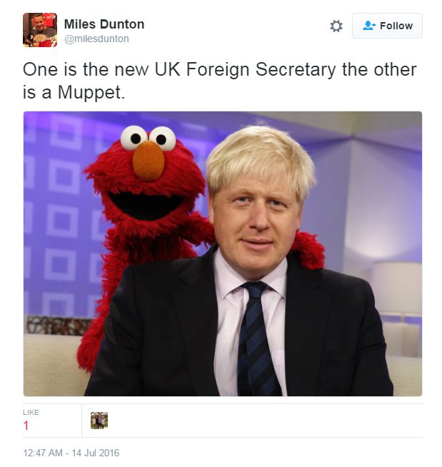 Twitter reaction to Boris Johnson's appointment of Foreign Secretary 