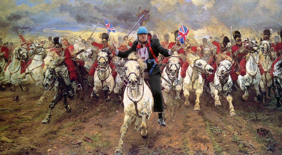 In one image, he was seen leading the Battle of Waterloo on a horse waving a Union Jack flag