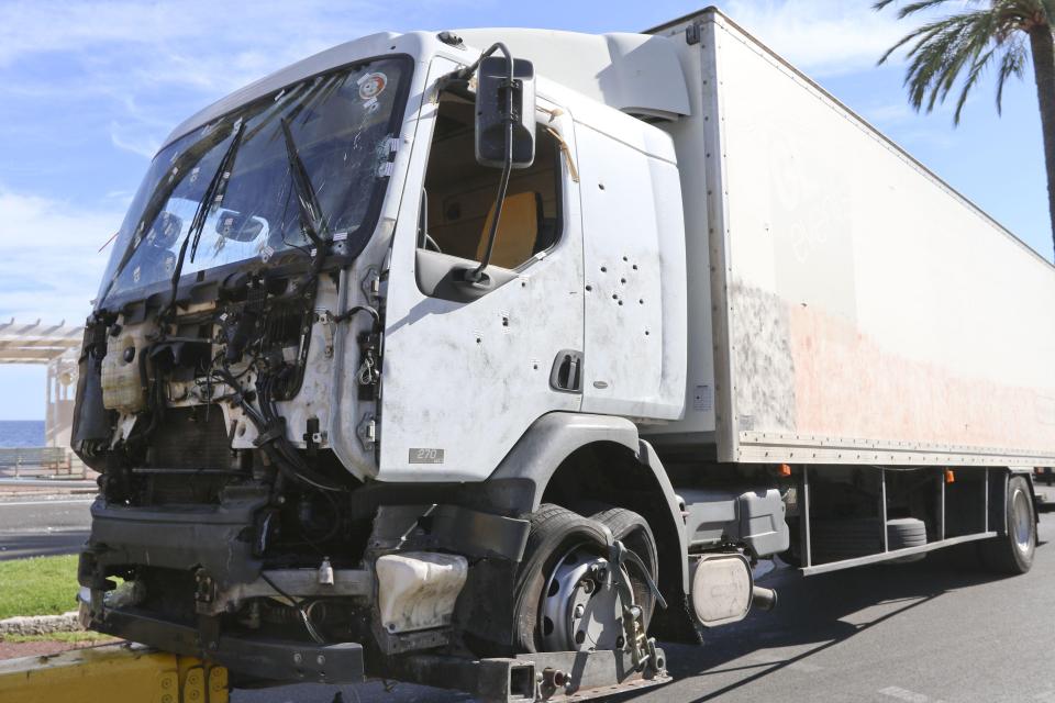 The truck can be seen to be riddled with bullets after police tried to stop the driver