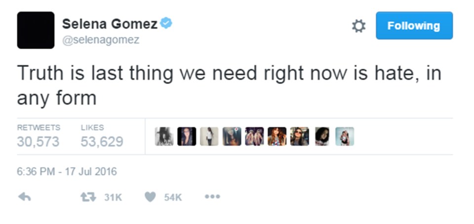Selena said there was enough hate in the world