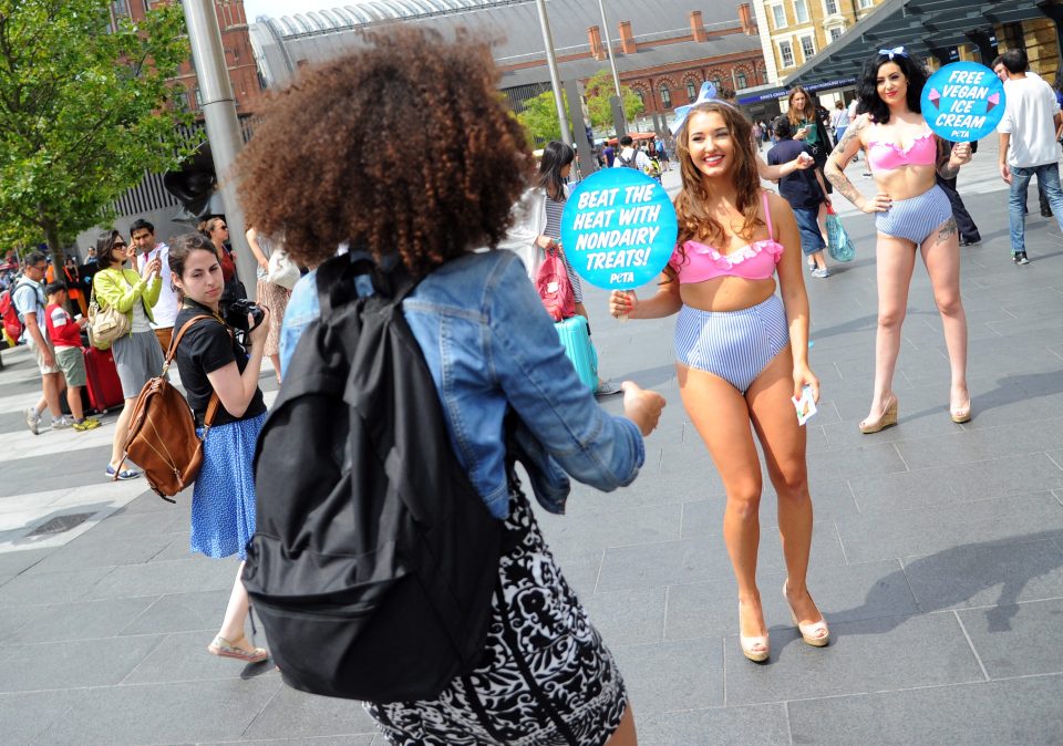 PETA deliver free Vegan ice cream to London commuters during a heatwave in the city at Euston Station