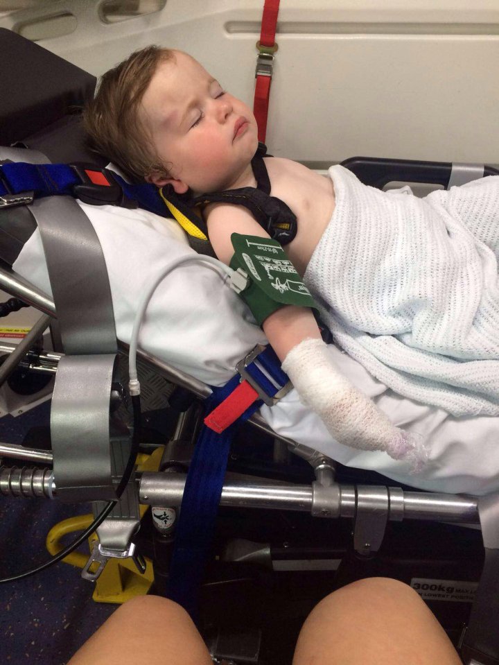 Eva pictured in an ambulance on the way to the hospital after burning her hands