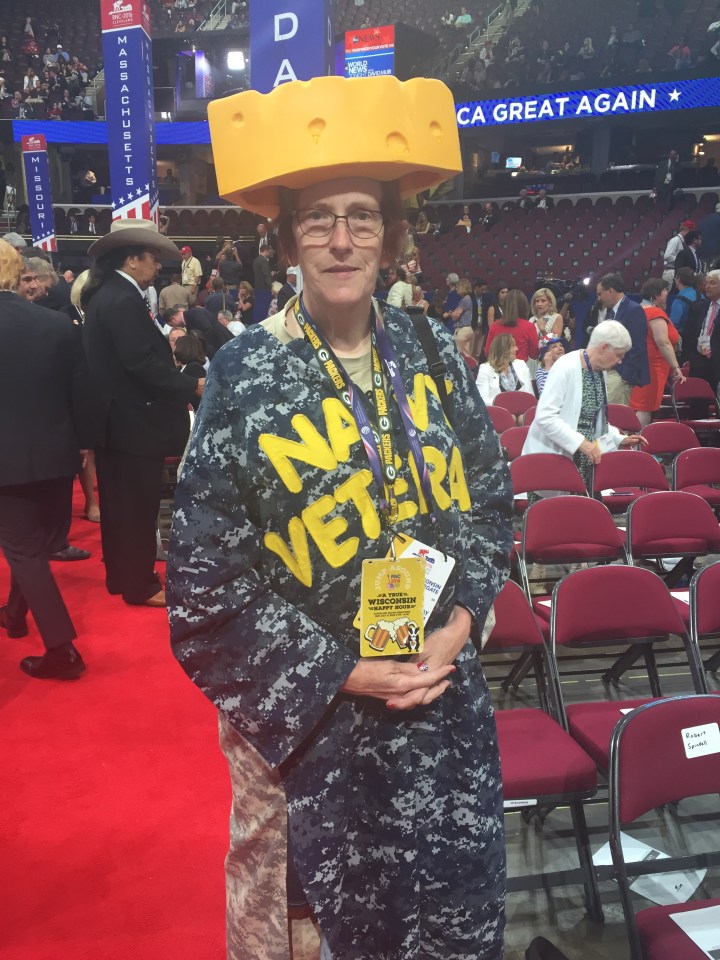 Barbara Finger chose the unusual outfit of a huge hat in the shape of a large wedge of cheese