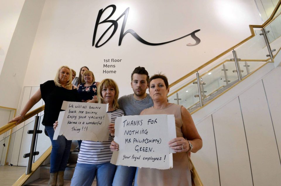 Former BHS workers gather inside their old store in South Shields to protest Green's management