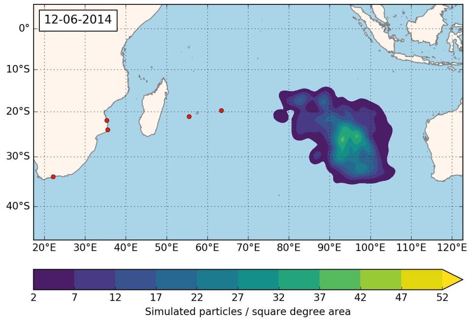 The debris floated from the search area to the places marked with red dots: Mozambique, Réunion, South Africa, Rodrigues Island and Mauritius 