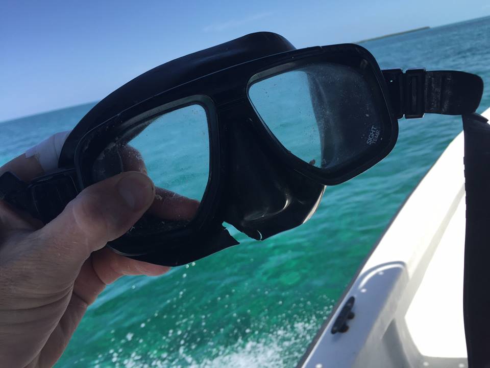 Bit marks on the dentist's snorkel mark reveal just how close the shark came to blinding him, with a tear clearly visible at the base