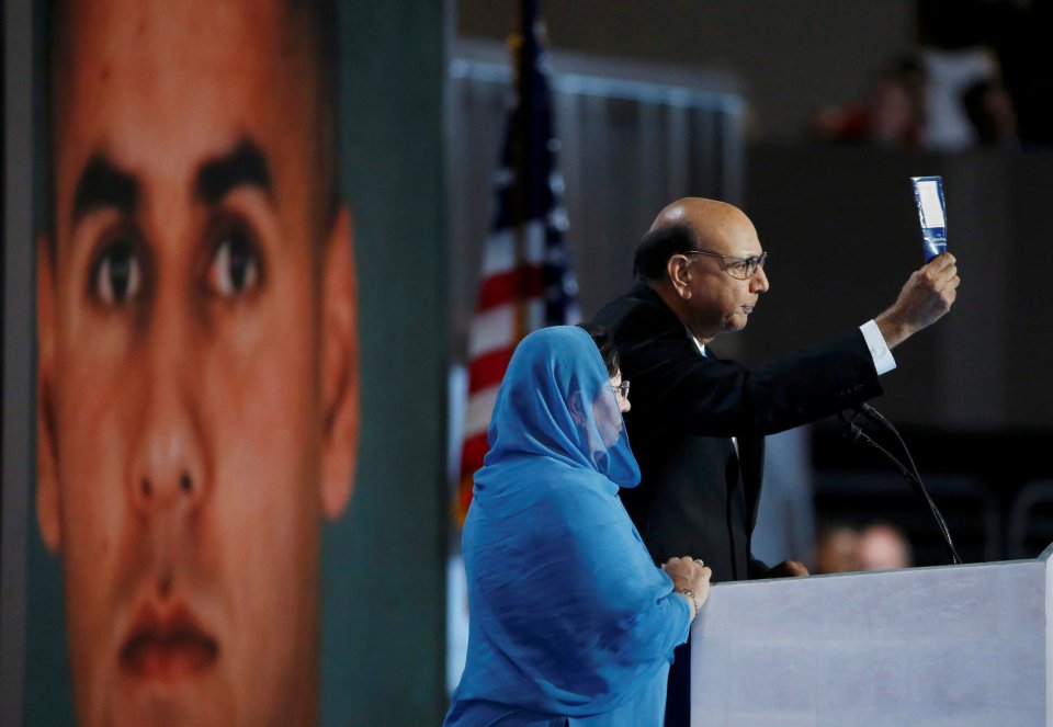 Khizr Khan challenges Republican presidential nominee Donald Trump to read his copy of the U.S. Constitution at the Demo