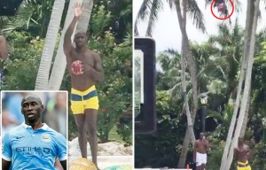 Manchester City defender Eliaquim Mangala shoots improbable hoop by the pool in Miami