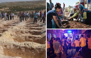 Turkey wedding blast mourners carry some of the 51 victims to mass graves after being killed suicide bomber aged TWELVE