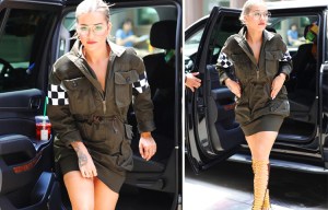 Rita Ora pairs pitstop dress with knee-high sandals as she takes sports luxe trend to a new extreme