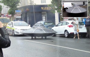Amazing moment UFO lands on Irish street and gets its own escort