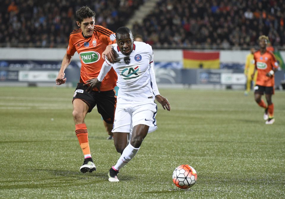 Paris Saint-Germain's French midfielder Blaise Matuidi (R) vies with Lorient's French defender Francois Bellugou during the French Cup semi-final football match between Lorient (FCL) and Paris Saint-Germain (PSG) on April 19, 2016 at the Moustoir stadium in Lorient, western France. AFP PHOTO / DAMIEN MEYER / AFP / DAMIEN MEYER (Photo credit should read DAMIEN MEYER/AFP/Getty Images)