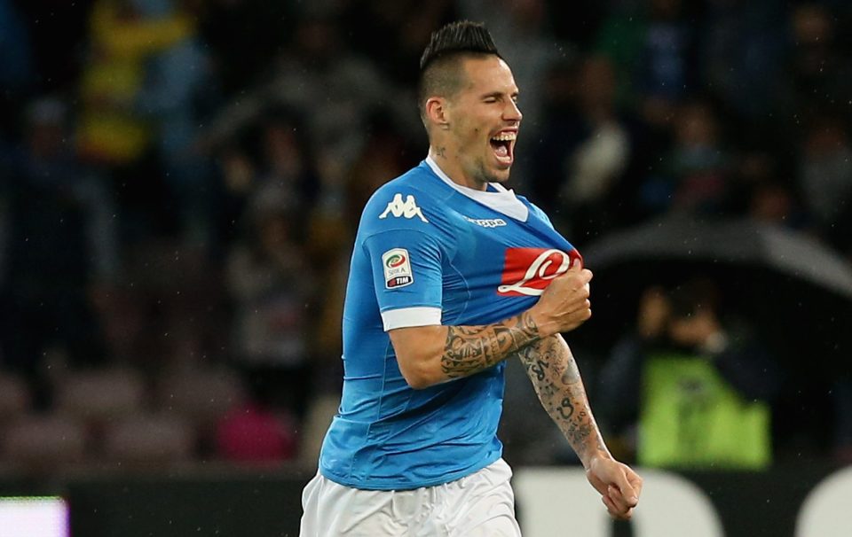 NAPLES, ITALY - MAY 14: Marek Hamsik of Napoli celebrates after scoring his team's opening goal during the Serie A match between SSC Napoli and Frosinone Calcio at Stadio San Paolo on May 14, 2016 in Naples, Italy. (Photo by Maurizio Lagana/Getty Images)