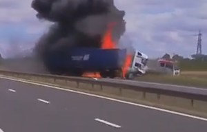 Lorry explodes into a fireball after hard shoulder crash and everyone escapes with MINOR INJURIES