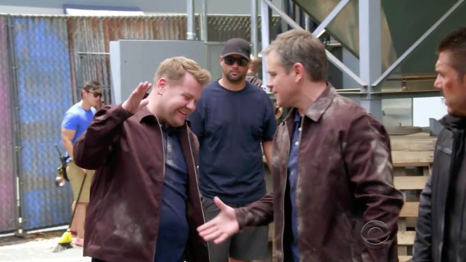 Handshake . . . James and Matt enjoy some time on set