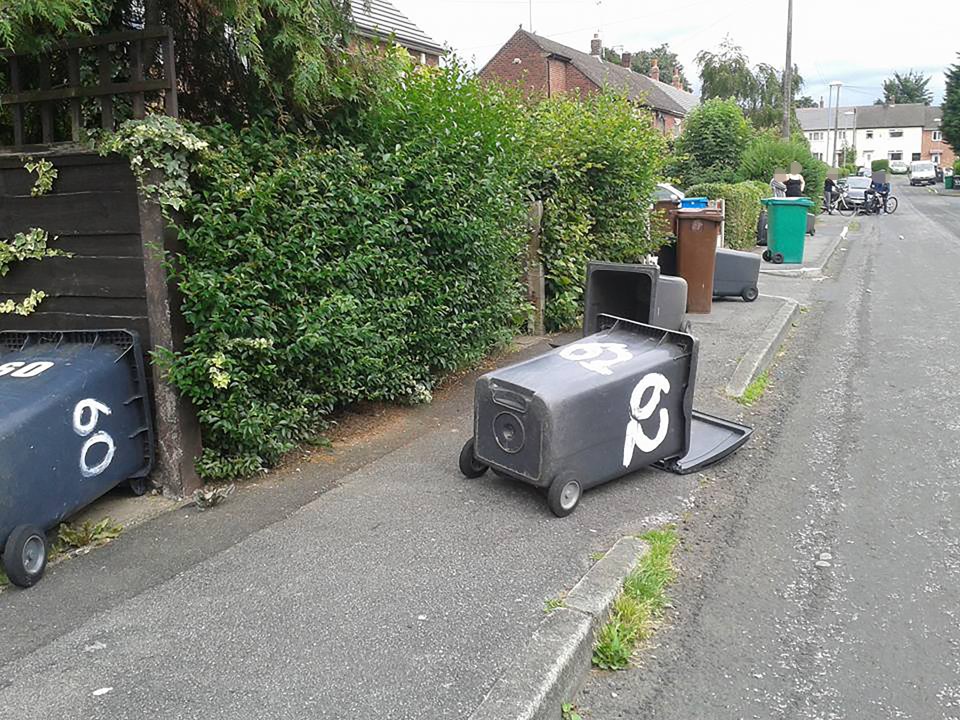 BINMEN LEAVE SCENE OF CARNAGE IN QUIET SUBURB AS THEY ALLEGEDLY CHUCK BINS AROUND AND LAUGH AT RESIDENTS