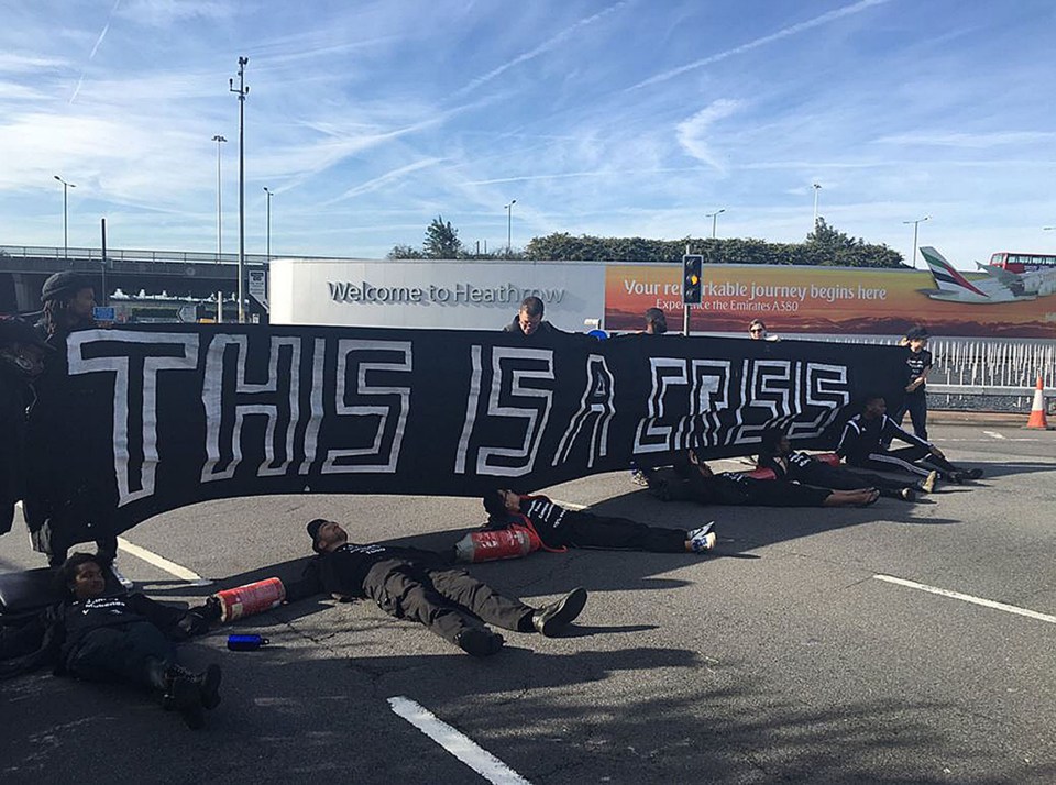 Black Lives Matter protesters lying on the road which brought traffic heading to Heathrow airport to a standstill