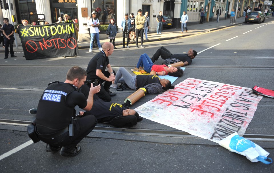 Activists could be seen blocking the road outside the Nottingham Theatre Royal 