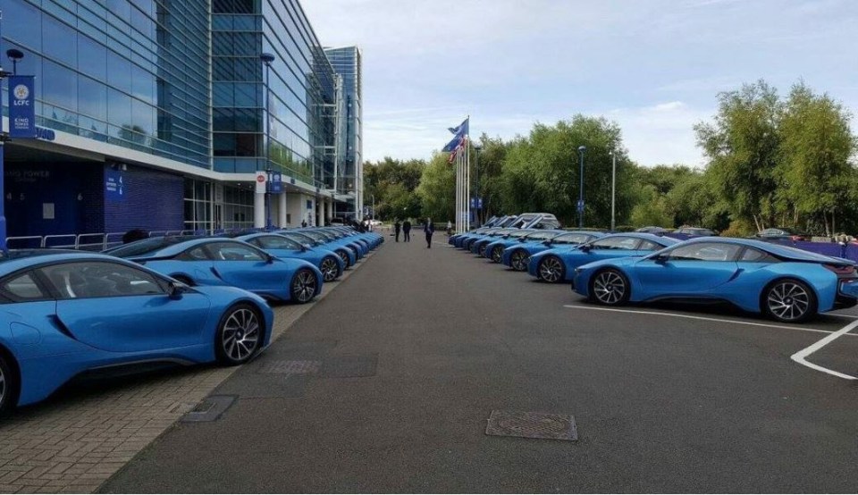 The fleet of BMW i8s are parked up outside the King Power Stadium as gifts for the Leicester players who helped win the Premier League
