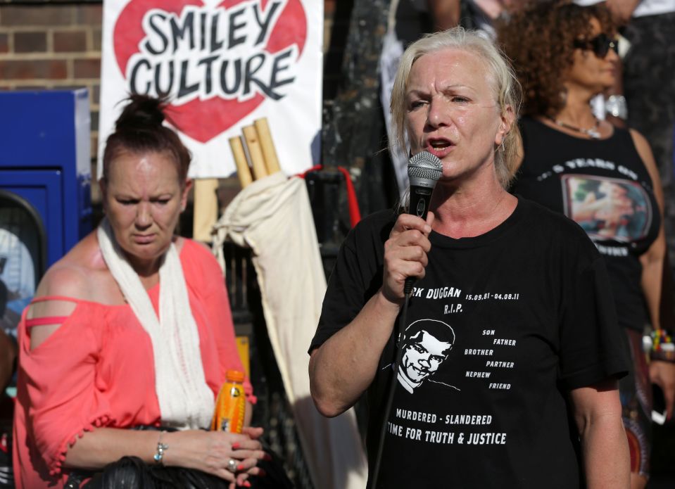 Mother of Mark Duggan Pam Duggan (L) listens as Carole Duggan (R), aunt of Mark Duggan who was shot dead by police five years ago